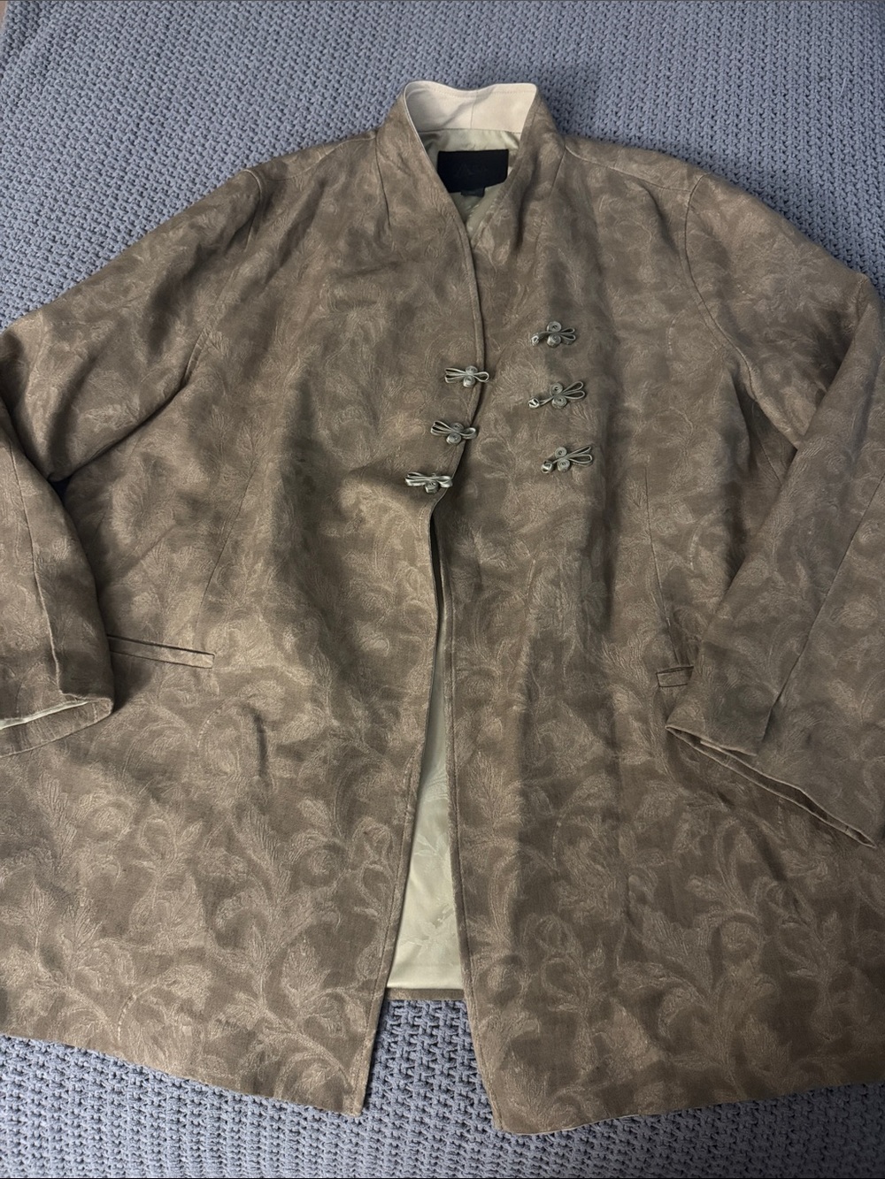 Zara women Jacquard Frog Clasp Taupe Floral-Pattern Mandarin Collar Trench Coat